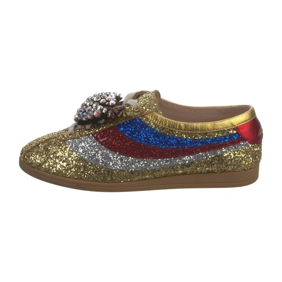 Gucci | Shoes | Gucci Red And Tan Patterned Sneakers | Poshmark GUCCI SYLVIE JEWEL & BEE ACCENTS GOLD GLITTER SNEAKERS 39 9 9.5